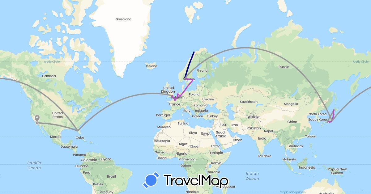 TravelMap itinerary: driving, plane, train in Belgium, Germany, Denmark, France, United Kingdom, Japan, Netherlands, Norway, Sweden, United States (Asia, Europe, North America)